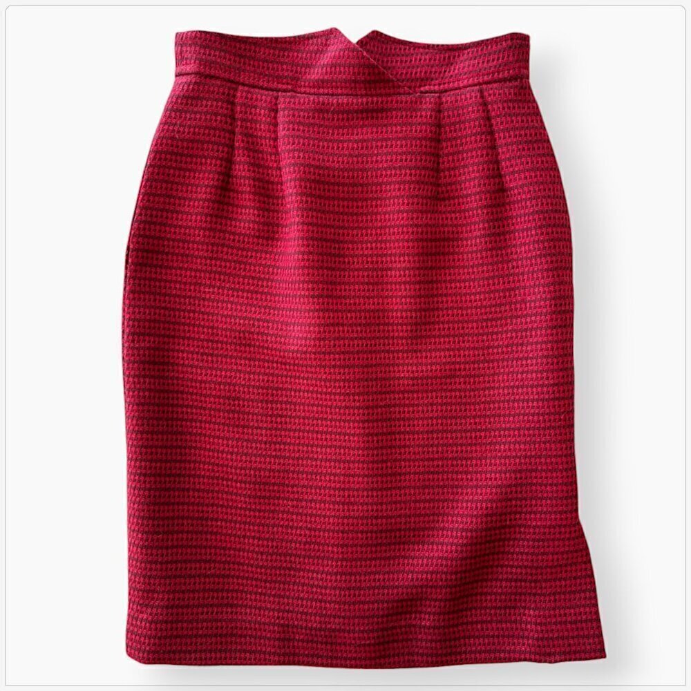 Louis Feraud Vintage Retro Red Houndtooth Plaid Pencil Skirt Notched Waist 4